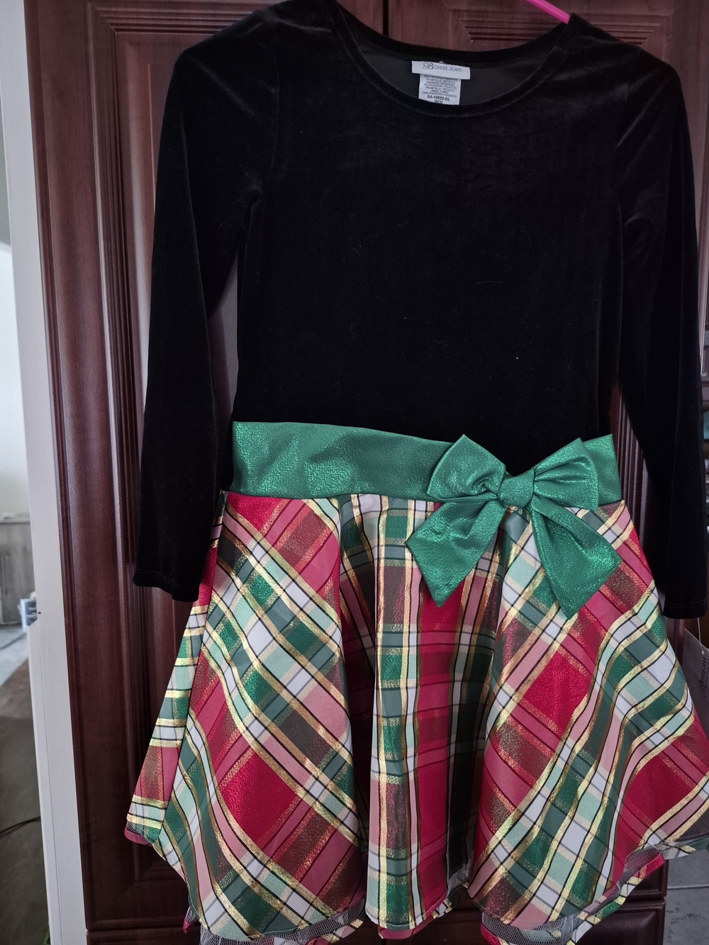 Bonnie Jean Black Velvet Top with Red and Green Plaid Skirt